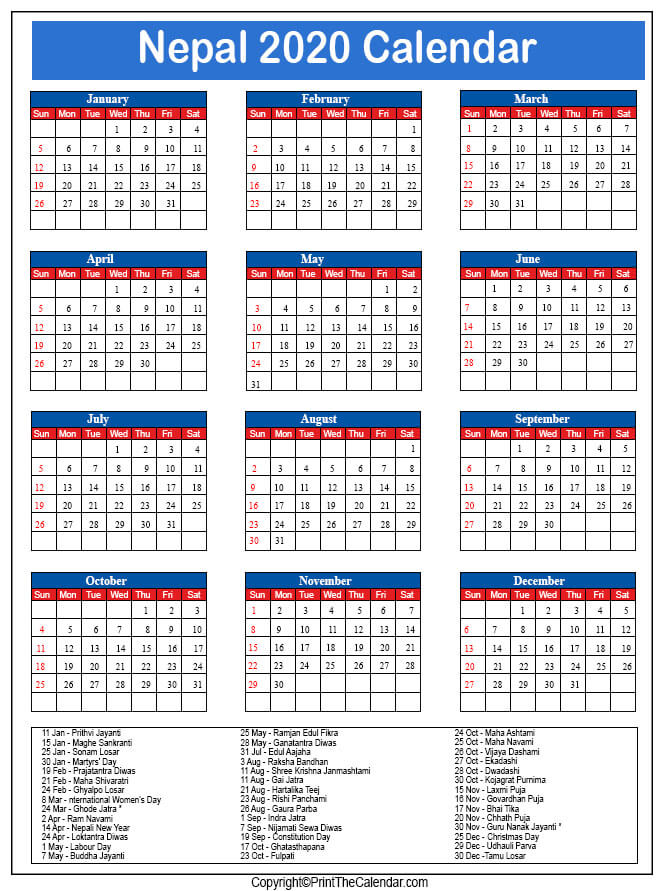 Nepal Printable Calendar 2020
